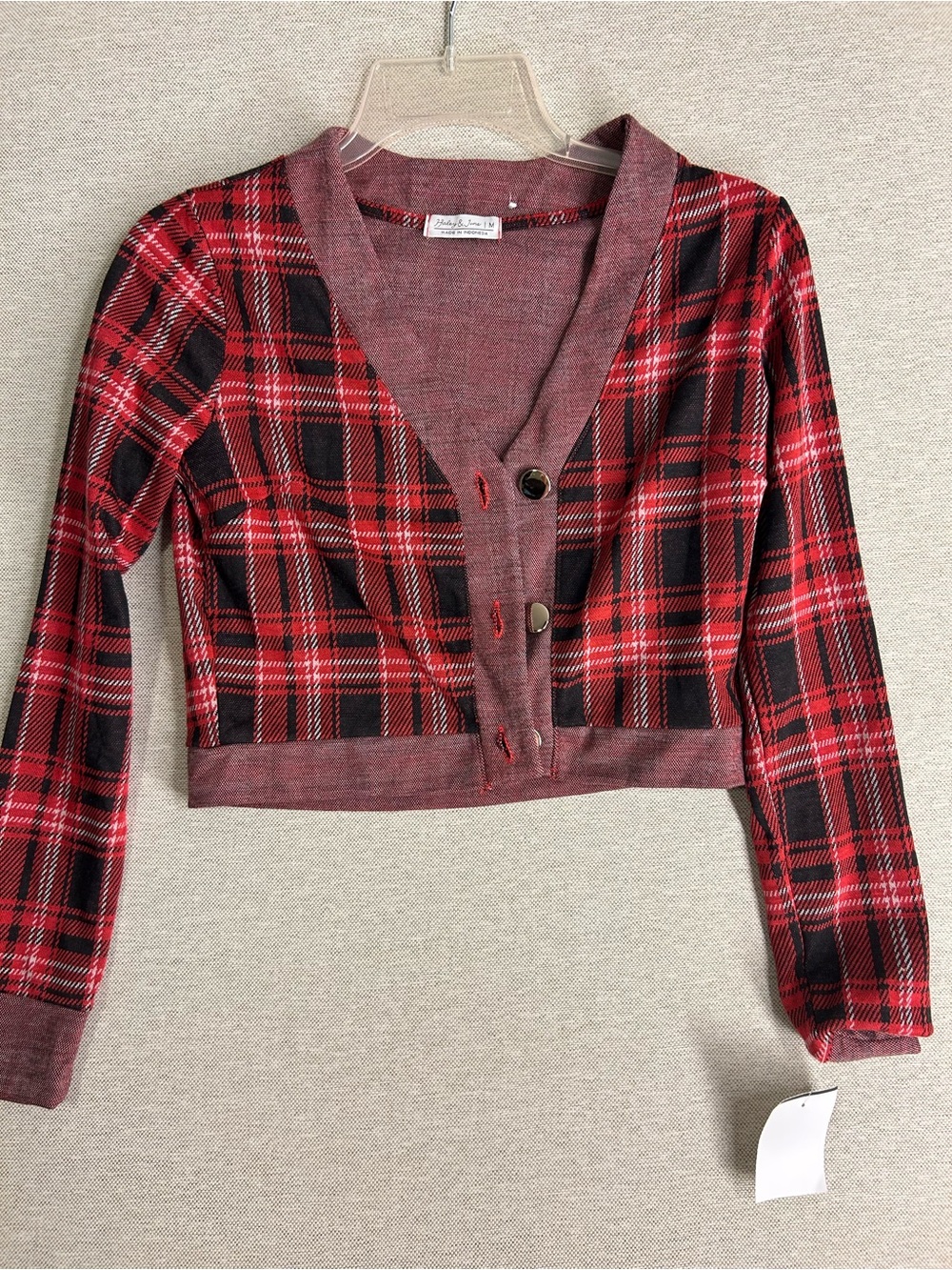 Red & Black Plaid Cropped Cardigan